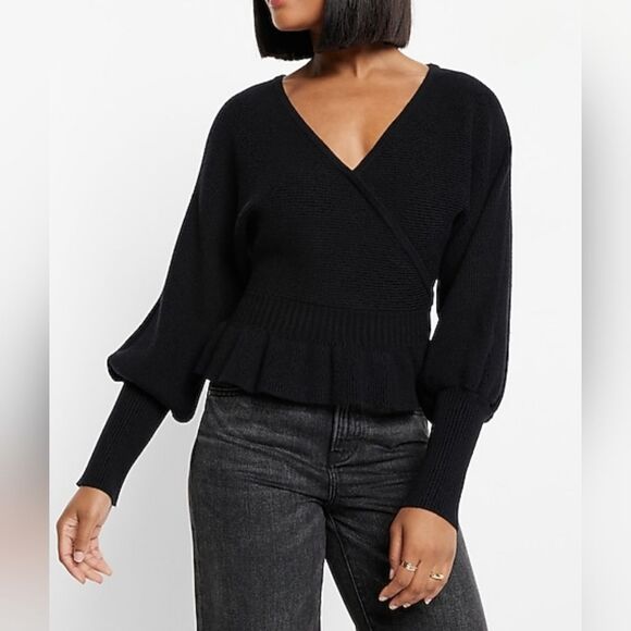 Express Black Ribbed V-Neck Wrap Peplum Sweater XS - Picture 1 of 4